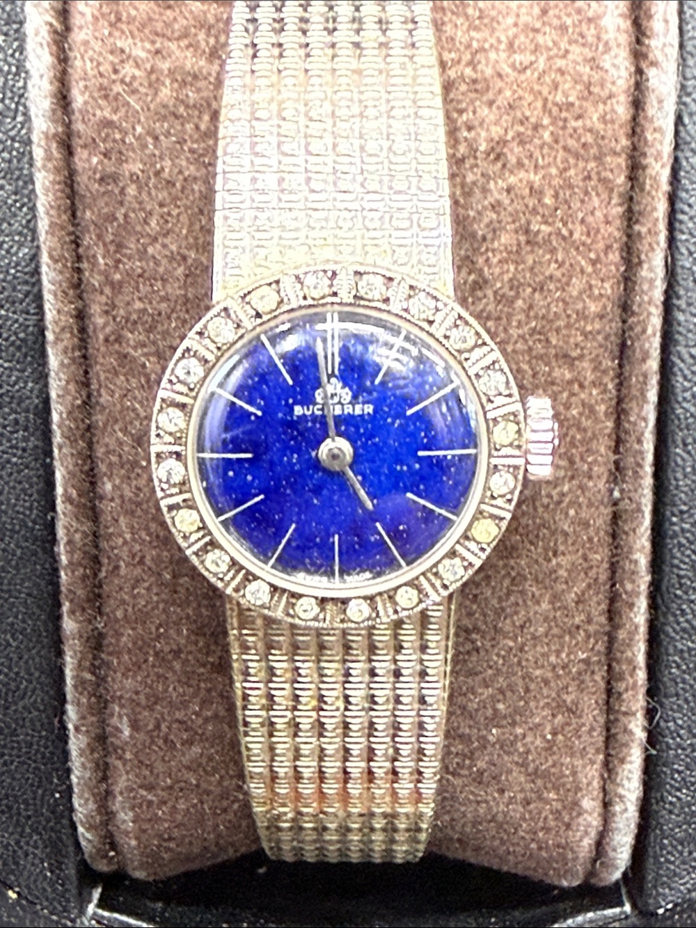 Bucherer Women's Gold-Tone Watch with Lapis Lazuli Dial and Crystal Bezel